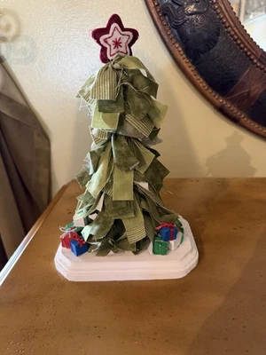 Handmade Fabric Christmas Rag Tree With Wood Base And Small Wood Presents 12” - Image 1 of 4