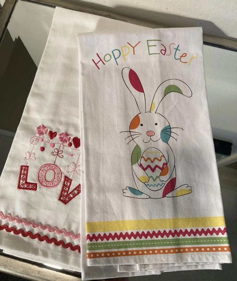 Хлопковые кухонные полотенца «Пасхальный кролик» (16 «x 26») и «Любовь (18» x 28») Ritz / Karis новый - Изображение 1 из 4