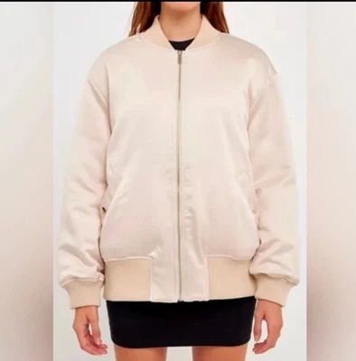 Grey Lab 女式男女通用超大奶油色缎面轰炸机夹克,尺寸 S — 第 1/4 张图片
