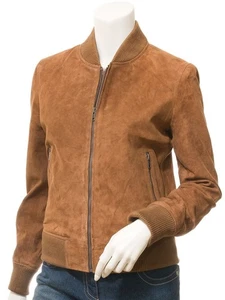 Women’s Brown Suede Bomber Jacket Zip Up Classic Casual Vintage Style Coat XS-XL - Picture 1 of 6