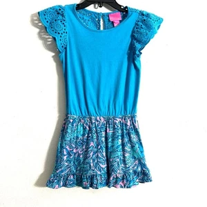 Lilly Pulitzer Tania Eyelet Ruffled romper shorts one piece blue pink EUC  S 4-5 - Picture 1 of 8