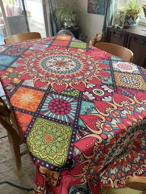 Large Beautiful Bright Multi-colored Boho Hippie Rectangular Table Cloth 55x102 - Image 1 of 4