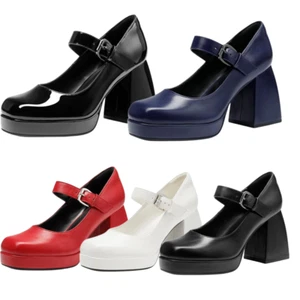 Women Mary Jane Pumps Y2K Square Toe Platform Chunky Heel Dress Pump Shoes - Picture 1 of 22