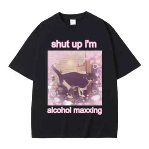 Shut Up I'm Alcohol Maxxing Cute Cat Print T Shirts Unisex Kawaii Style Short Sl - Picture 1 of 3