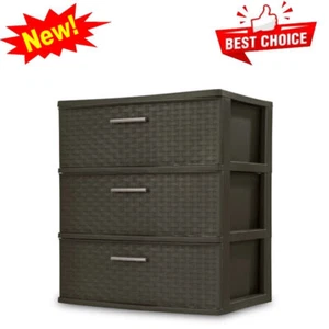 3-Drawer Wide Weave Storage Tower Container Organizer Brown for Home Dorm US - Picture 1 of 12