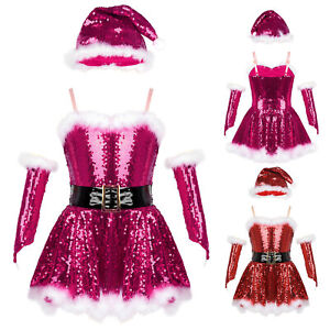 Kid Girl Christmas Santa Dance Costume Sequins Skating Dress Hat Arm Sleeves Set
