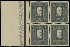 1938, LIECHTENSTEIN, PRINCE FRANCIS MOURNING ISSUE, 3FR, BLOCK OF 4 NH, SC. #152 - Picture 1 of 2