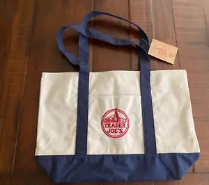Trader Joe's Reusable Canvas Bag Navy Blue Large Embroided New with tag - Picture 1 of 5