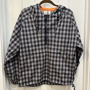 Actra Men's 1/2 Zip Hoodie Pullover Size Small Blue Orange Plaid Windbreaker - Picture 1 of 8