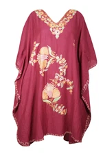 Boho Maroon Floral Embroidery Mid Length Caftan Kimono Sleeves Kaftan Dress 2XL