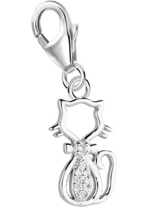 Charm Anhänger Silber Katze mit Zirkonia 925 Sterling Armband Karabiner Kater - Bild 1 von 3