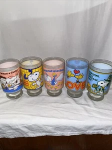 Vintage PEANUTS SNOOPY & WOODSTOCK Large 24oz Glasses Set Of 5 - Picture 1 of 6
