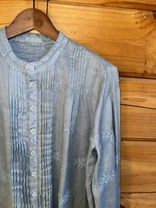 Cp Shades Linen Tunic Top Women Sz S Blue Button Up Pleated Floral Embroidery - Picture 1 of 12
