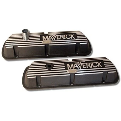 Cubiertas de válvula de aluminio Scott Drake 6A582-MAV acabado arrugado negro logotipo Maverick Foto 1 de 2