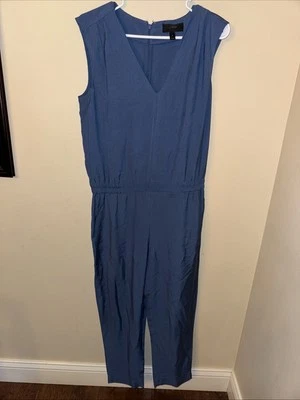 J. Macacão Crew Feminino 6 Oxford Crepe Decote V Azul Bolsos Sem Mangas Casual - Imagem 1 de 4