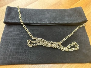 M&S Black Suede Fold Over Clutch Bag With Detachable Gold Coloured Chain - Picture 1 of 7