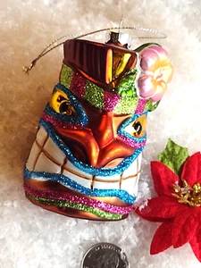 Christmas Ornament HAWAIIAN TIKI POLYNESIAN  Glass GLITTER Detail 3.5" - Picture 1 of 8