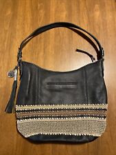 The Sak Black Leather Hobo Bag Shoulder Purse Crochet Trim Tassel Logo Boho
