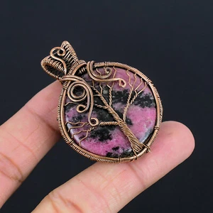 Tree of Life Rhodonite Gemstone Copper Wire Wrapped Pendant Handmade Jewelry - Picture 1 of 5