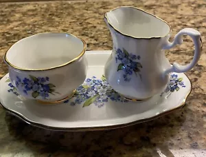 Jubiliee England Fine Bone China Blue Floral Sugar Creamer Plate Trio Vintage - Picture 1 of 11
