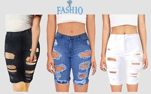 Women's Cotton Denim Shorts Distressed Ripped Summer Jeans Casual Holes Pants - Picture 1 of 5
