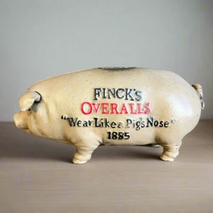Finck's Overalls 1885 Cast Iron Coin Bank With Raised Lettering (8" x 3" x 3.5") - Picture 1 of 8