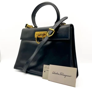 Salvatore Ferragamo Gancini Leather 2way Hand bag Shoulder Navy Gold Authentic - Picture 1 of 24