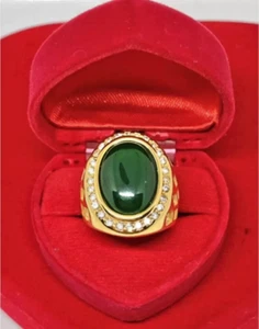 18K Gold Stainless Steel Green Jade Ring Oval Crystal Jadeite Unisex sz 9 - Picture 1 of 8