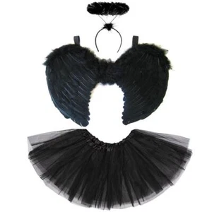 BLACK ANGEL WINGS, HALO & TUTU DARK FALLEN ANGEL HALLOWEEN FANCY DRESS COSTUME - Picture 1 of 10