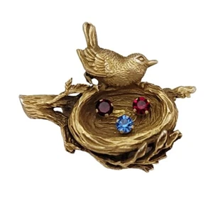 Anson Sterling Silber, goldfarbene Strass Vogel im Nest Brosche Anstecknadel signiert, K436 - Bild 1 von 10