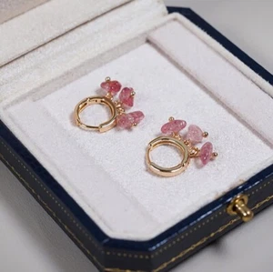 Latch Back 18K Gold Plated Natural Strawberry Quartz Chips Earrings 17mm Hoop - Picture 1 of 3