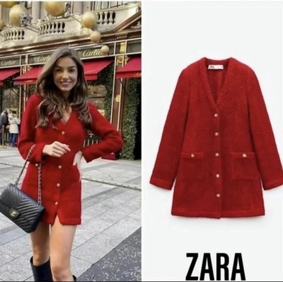 Vestido Chaqueta ZARA Tejido Texturizado Botones Dorados Borgoña Rojo Bloggers Talla M Foto 1 de 4