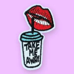 TAKE ME AWAY LIPS COFFEE DRINK IRON ON EMBROIDERED PATCH 2.6" X 1.25" - Picture 1 of 3