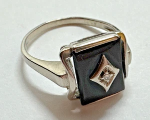 Vintage 10K Weißgold schwarzer Onyx mit zentralem Diamant Größe 6 Ring 2,5 g - Bild 1 von 12