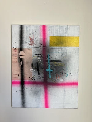 Abstract Mixed Media Canvas Contemporary Artwork, Drawing, Graffiti - Image 1 of 4