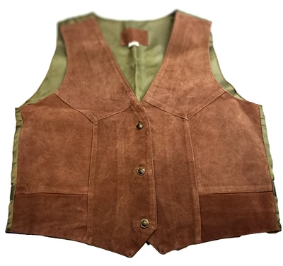 人造皮革/缎面女式14背心西部棕色鼠尾草绿色纽扣女牛仔 — 第 1/4 张图片