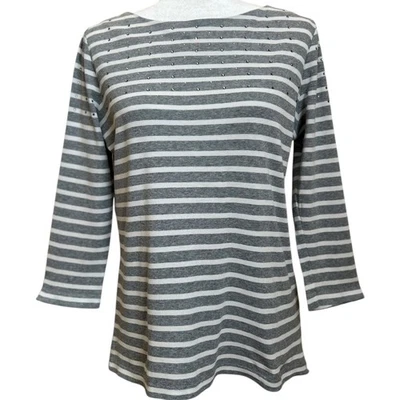 Camiseta Bogner Top feminina listrada média cravejada cinza manga 3/4 gola barco malha - Imagem 1 de 4