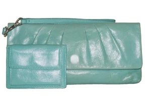HOBO INTERNATIONAL Juego de Muñequera y Mini Cartera de Cuero Lavado Azul Aqua Claro *DESGASTE - Imagen 1 de 15