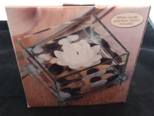 Interior Accents Gift Collection Glass Candle Holder River Stones White Candle - Picture 1 of 10