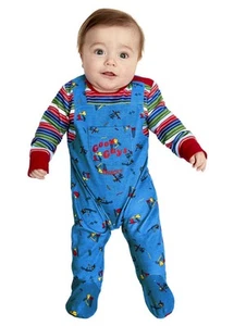 Baby Size Childsplay Chucky Doll Kids Fancy Dress Costume Blue & Red - Picture 1 of 2
