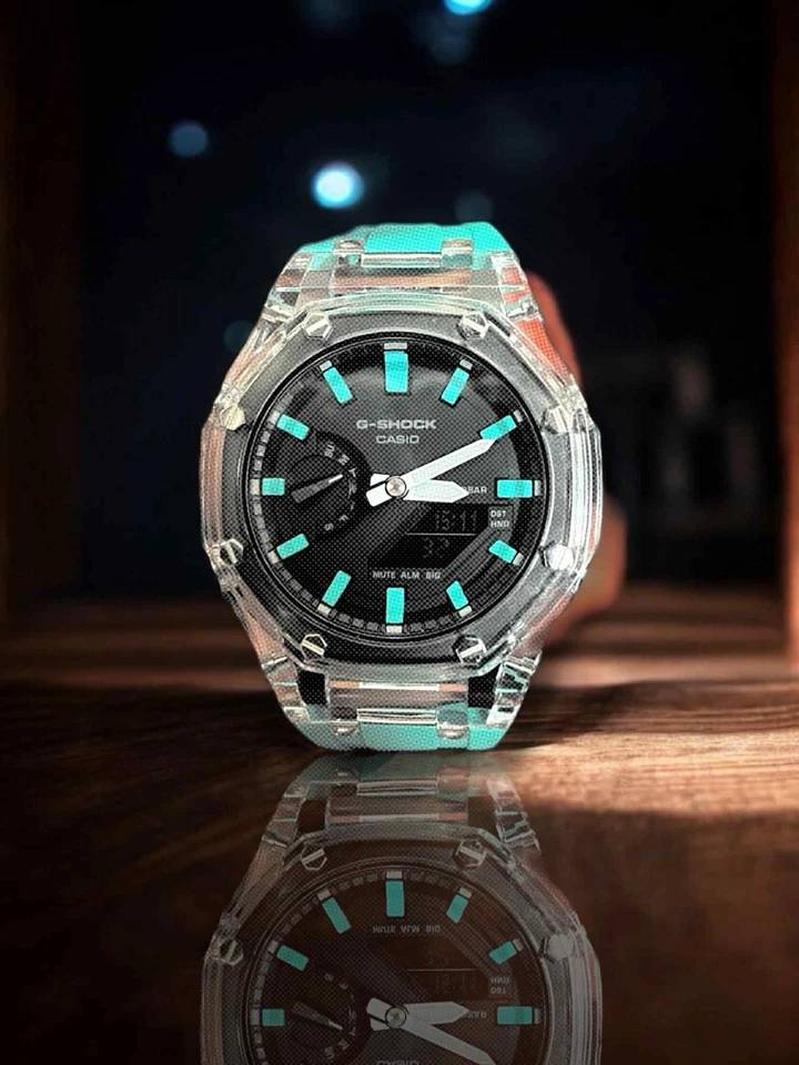 Custom Casio G-Shock GA-2100, CasiOak, -Blue Clear Edition - Brand new Mens Gift - Image 1 of 1