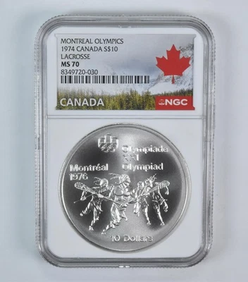 1974 Canada 10 Dollars Silver Olympic Lacrosse MS70 NGC Canada Lbl - Image 1 of 4