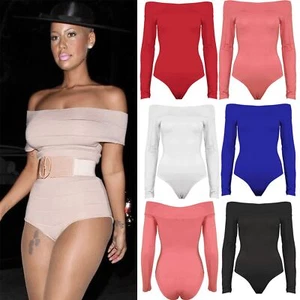 New Womens Ladies Off Shoulder Bardot Full Sleeves Stretchy Bodysuit Leotard Top - Picture 1 of 12