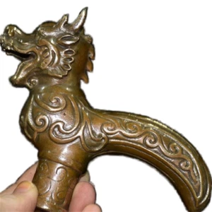 Old Bronze Hand Carved dragon Statue blessed Cane Walking Stick Head - Picture 1 of 6