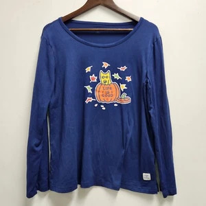 Camiseta Life Is Good para mujer manga larga para dormir talla L cuello redondo azul calabaza - Imagen 1 de 8