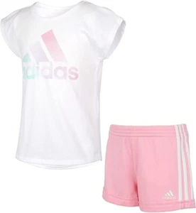 Adidas girls Short Sleeve Tee and Shorts Set, White/Light Pink Size 5 - Picture 1 of 2