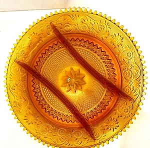 Indiana Glass Tiara Deep Amber 3-section Platter Sawtooth Rim 12” Round - Picture 1 of 14