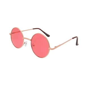 RED LENS ROUND SUNGLASSES 43 MM GOLD METAL FRAME RETRO TRENDY HIPPIE HIPSTER - Picture 1 of 5