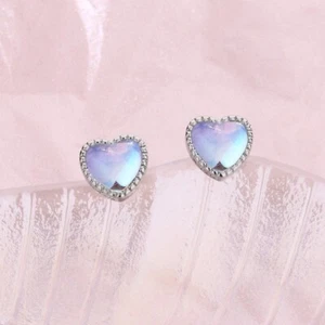 925 Sterling Silver Colourful Moon Stone Gem Love Heart Stud Earrings Girl Gift - Picture 1 of 13