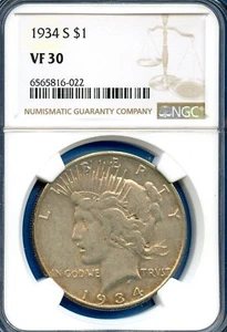 1934 S NGC VF30 Peace Silver Dollar $1 US Mint Rare Key Date Coin 1934-S VF-30 - Picture 1 of 3